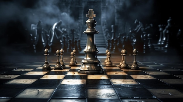 A chess game with a king standing in front of a set of stairs.