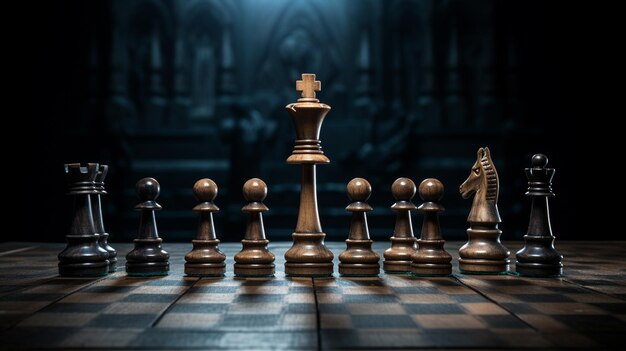 chess game with pieces and chess board on dark background closeup