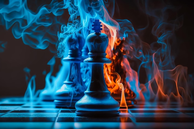 A chess game with a red and blue smoke behind it