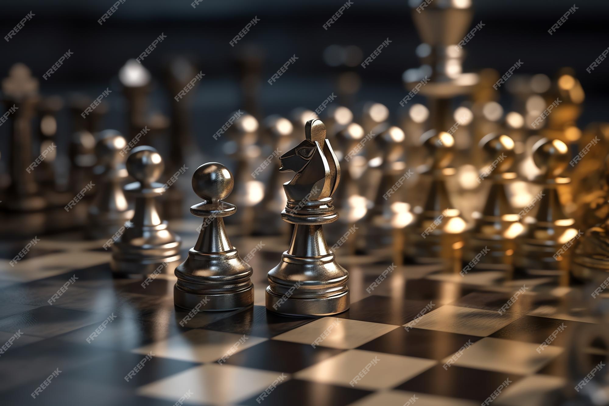 Horizontal shot of cool silver chess pieces in the starting position  reflected on the board Stock Photo by wirestock