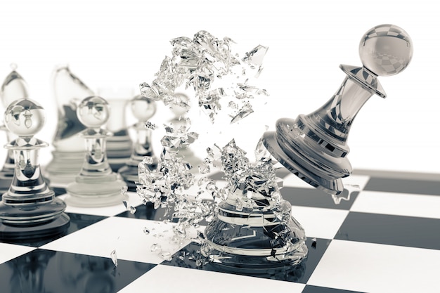 Chess games, victory, success in competition, leadership in business, transparent pawns  