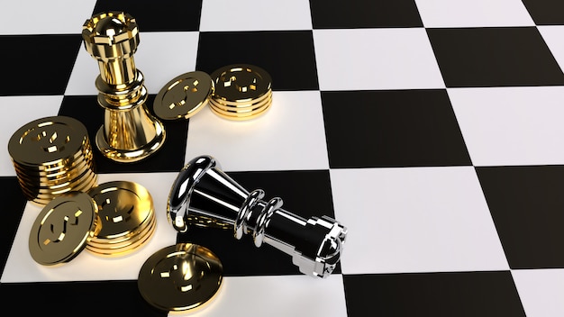 Chess and gold coin 3d rendering for business content.