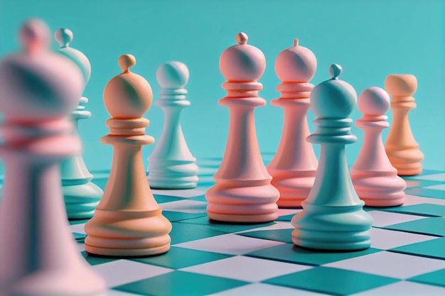 Chess king and pawns on chessboard. 3d illustration ai generated