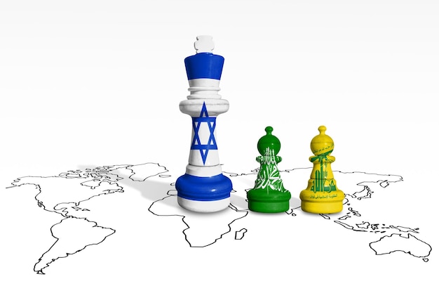 Photo chess made from israel hamas and hezbollah flags on a world map gaza and israel war