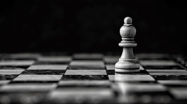 チェスボードに単独で立っているチェスピオンピオンは白い大理石でボードは黒と白の大理石です