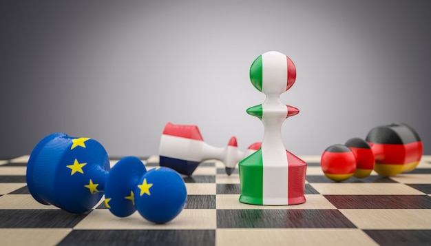 Chess pawns with Italian, French German and European flag.