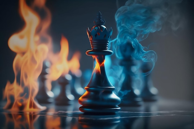 A chess piece in front of fire and the words " the king "