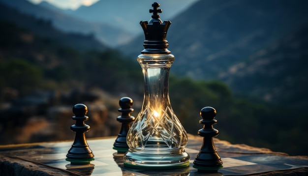 A chess piece in a hand checks and checkmates an opponent in a logic game