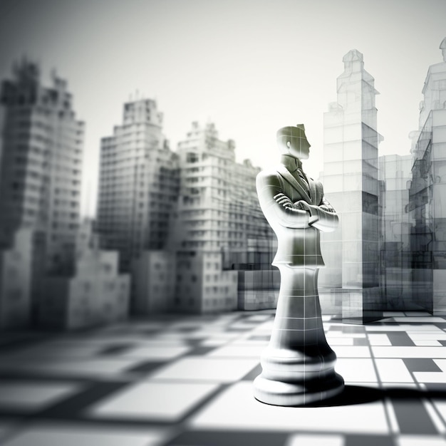 A chess piece stands in front of a cityscape.