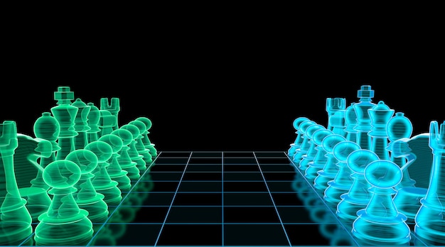 Chess pieces 3D illustration Neon figures in a row on a chessboard