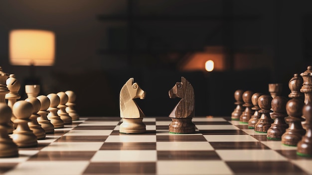 Chess pieces arranged on the chessboard and knights facing each other