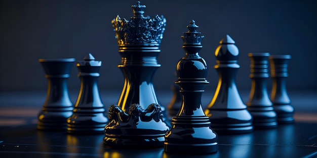 chess pieces on a black background in closeup two black chess piece the queen and the king