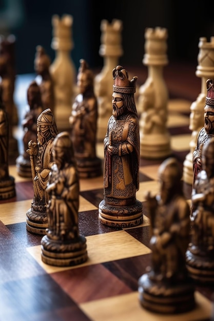 Chess pieces on a board highlighting the king created with generative ai