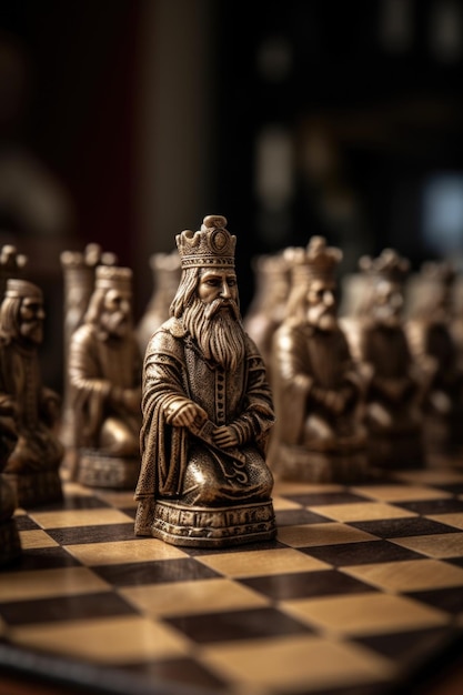 Chess pieces on a board highlighting the king created with generative ai