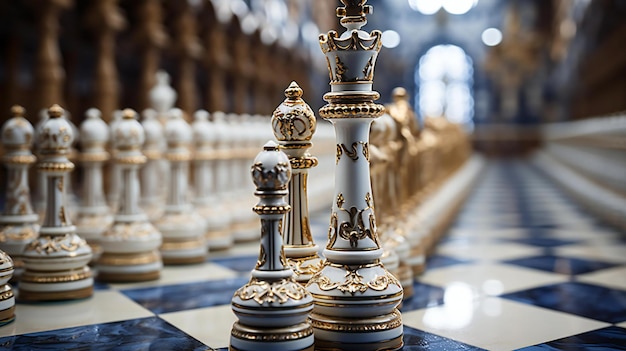 Photo chess pieces on a chess board with the king on the top