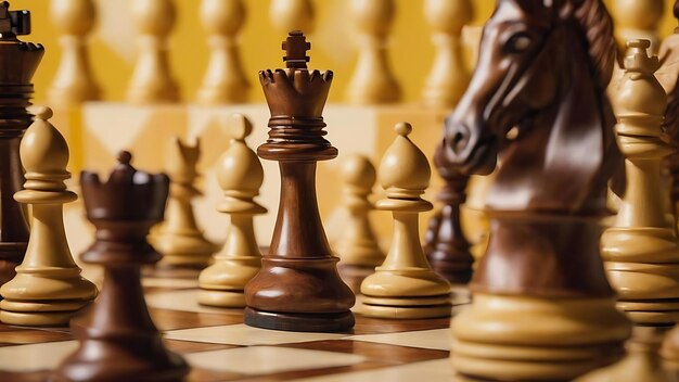 Chess pieces and chess board on yellow background