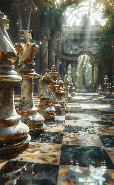 Chess pieces on chessboard in fantasy palace