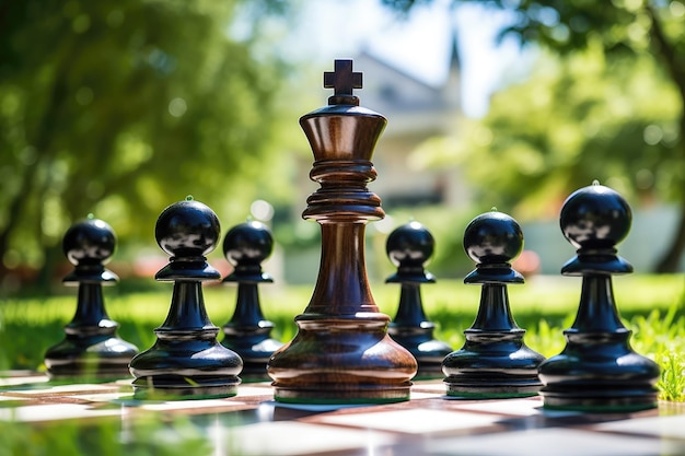 Chess pieces on the chessboard in the garden