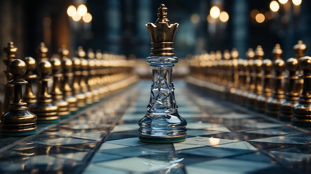 左側の王とチェスボードのチェスピース
