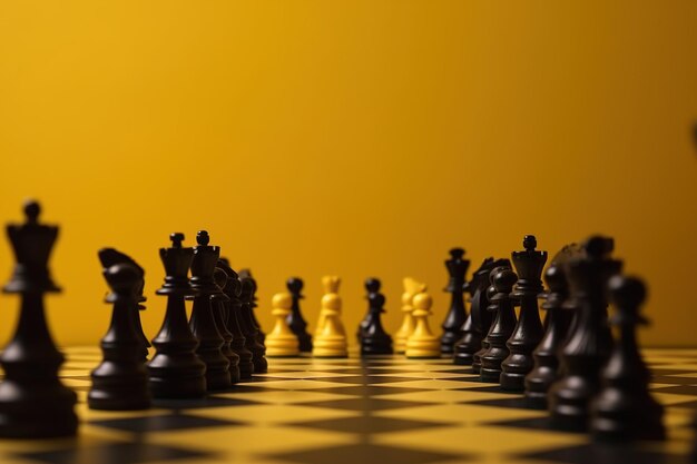 Chess pieces on a chessboard with a yellow background.