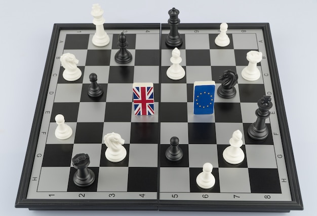 Chess pieces and flags of European Union and Britain on the chessboard Concept of political game