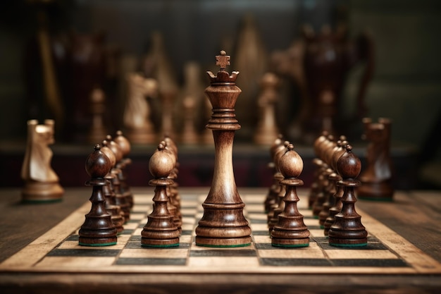 Chess pieces set in the midst of a game on a wooden board