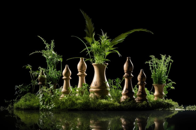 Photo chess pieces sprouting from a fertile field growing like plants