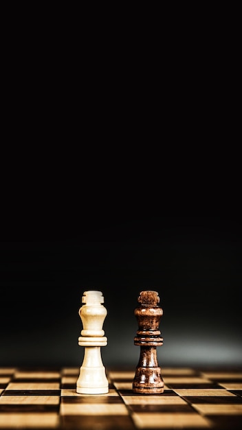 체스 조각은 도전과 리더십의 팀 개념과 함께 서 있습니다.