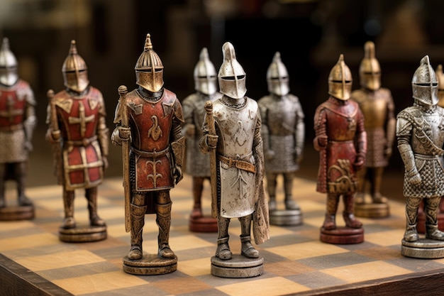 Photo chess pieces transforming into real medieval knights on a vintage board