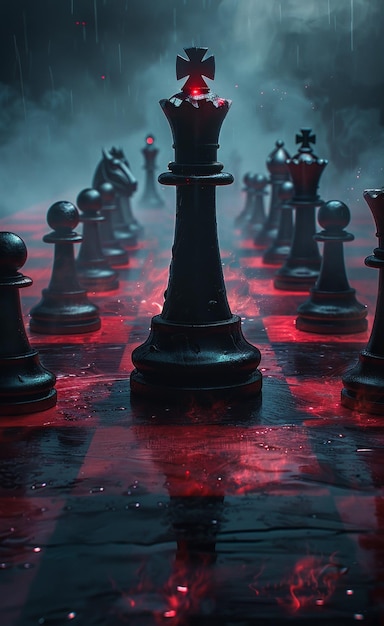 Chess pieces on wet chessboard