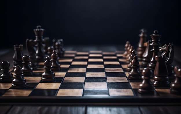 Chess pieces on a wooden chessboard with black background.