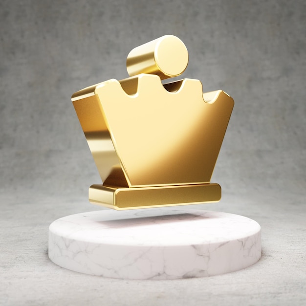 Шахматная королева значок. Золотой глянцевый символ шахматной королевы на белом мраморном подиуме. Современный значок для веб-сайта, социальных сетей, презентации, элемента шаблона дизайна. 3D визуализация.