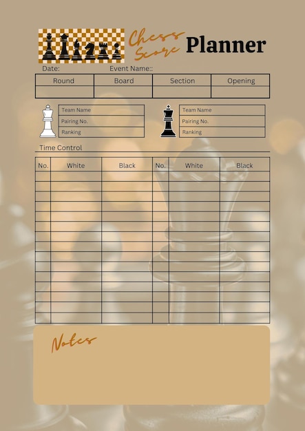 Chess score planner digital planning insert sheet printable page template