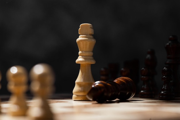 Chess set on the chess board business concept with blur image background