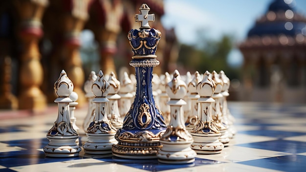 Photo a chess set with a blue and white king on the top