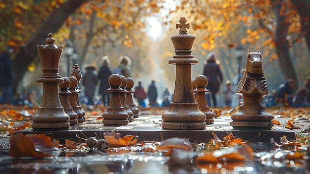 Photo a chess set with a fountain in the background and a statue of buddha in the background