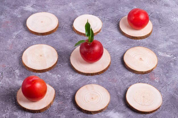 Chess or tic-tac-toe with ripe red plums and green leaves from a tree