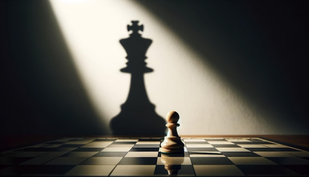 Photo chessboard drama lone pawn against kings shadow