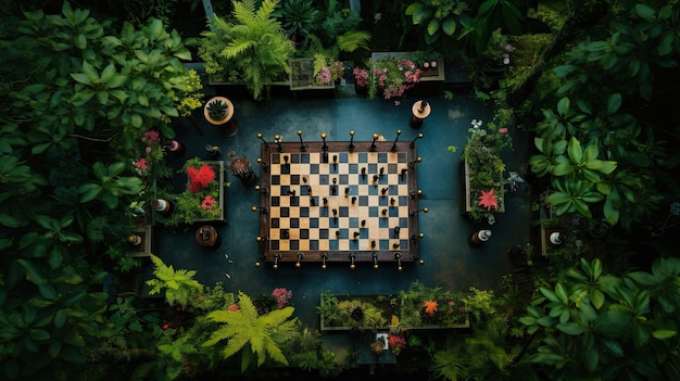 Chessboard in lush garden