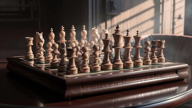 Chessboard and pawns on a table