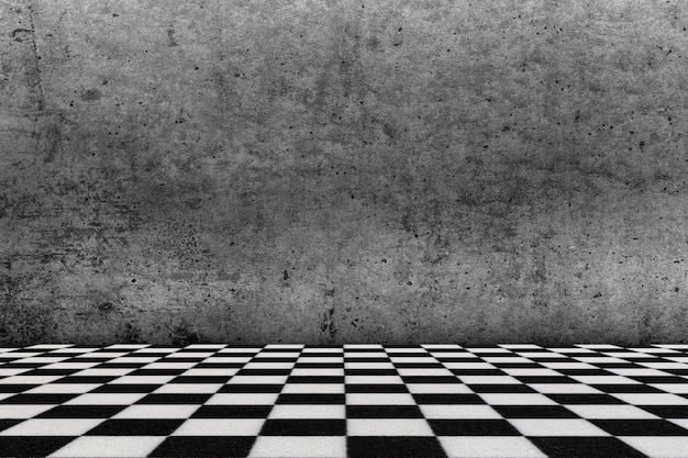 Chessboard style floor and grunge wall