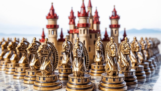 A chessboard with a castle in the background