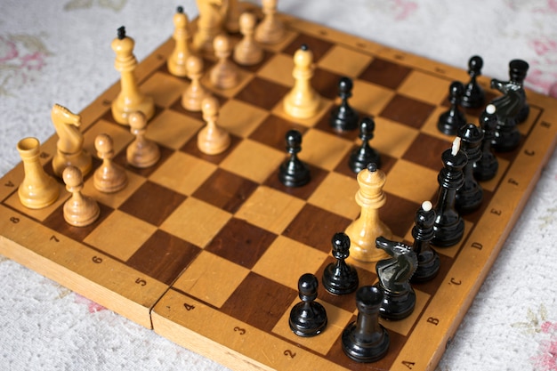 Chessboard with its chips in action