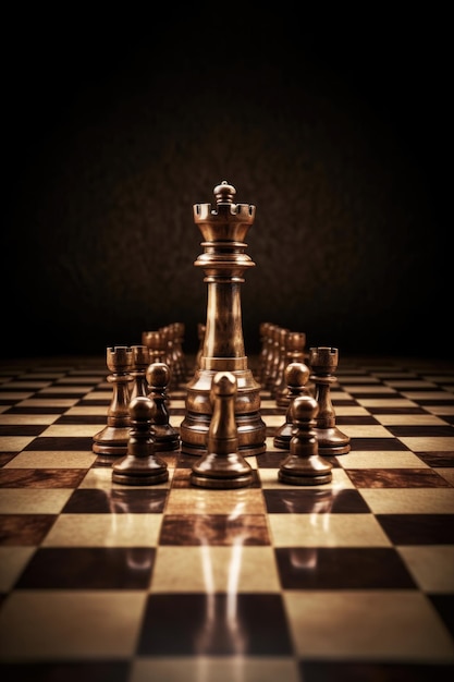 Chessboard with king piece leading pawns forward created with generative ai