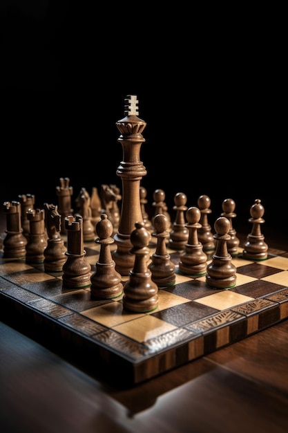 Chessboard with king piece leading pawns forward created with generative ai