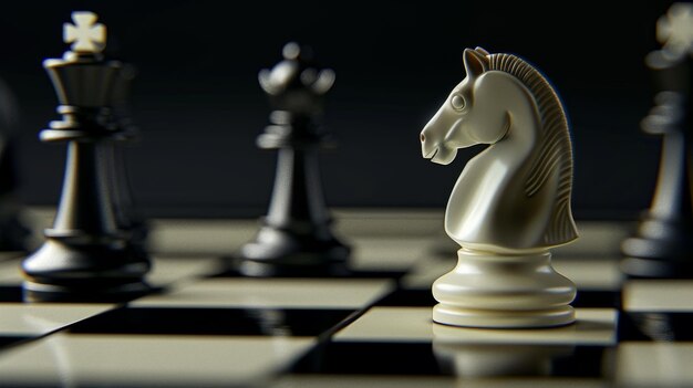 A chessboard with various chess pieces set against a dark background