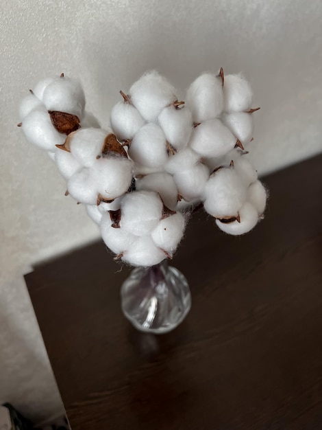 On the chest of drawers you will dig up there is a bouquet of white cotton flowers in a glass vase