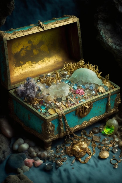 Chest filled with lots of gold and gems generative ai