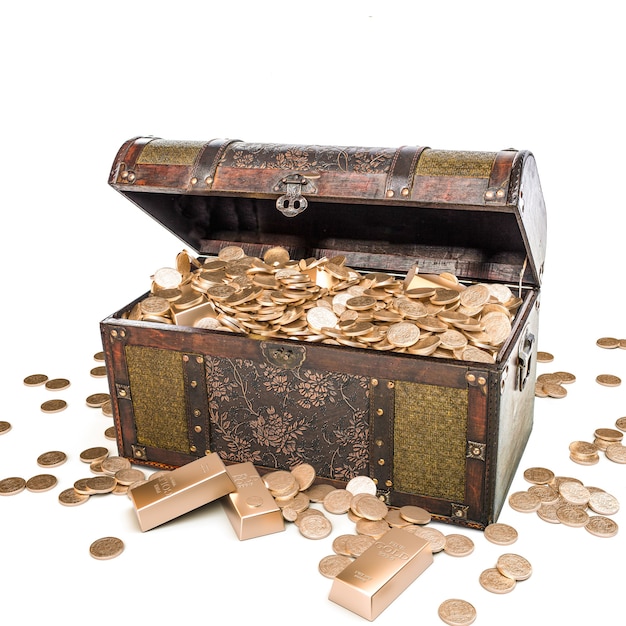 Chest full of gold coins on a white background. 3d render