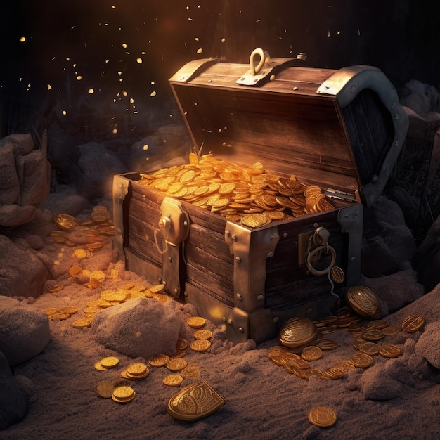 Photo a chest overflowing with shimmering gold coins